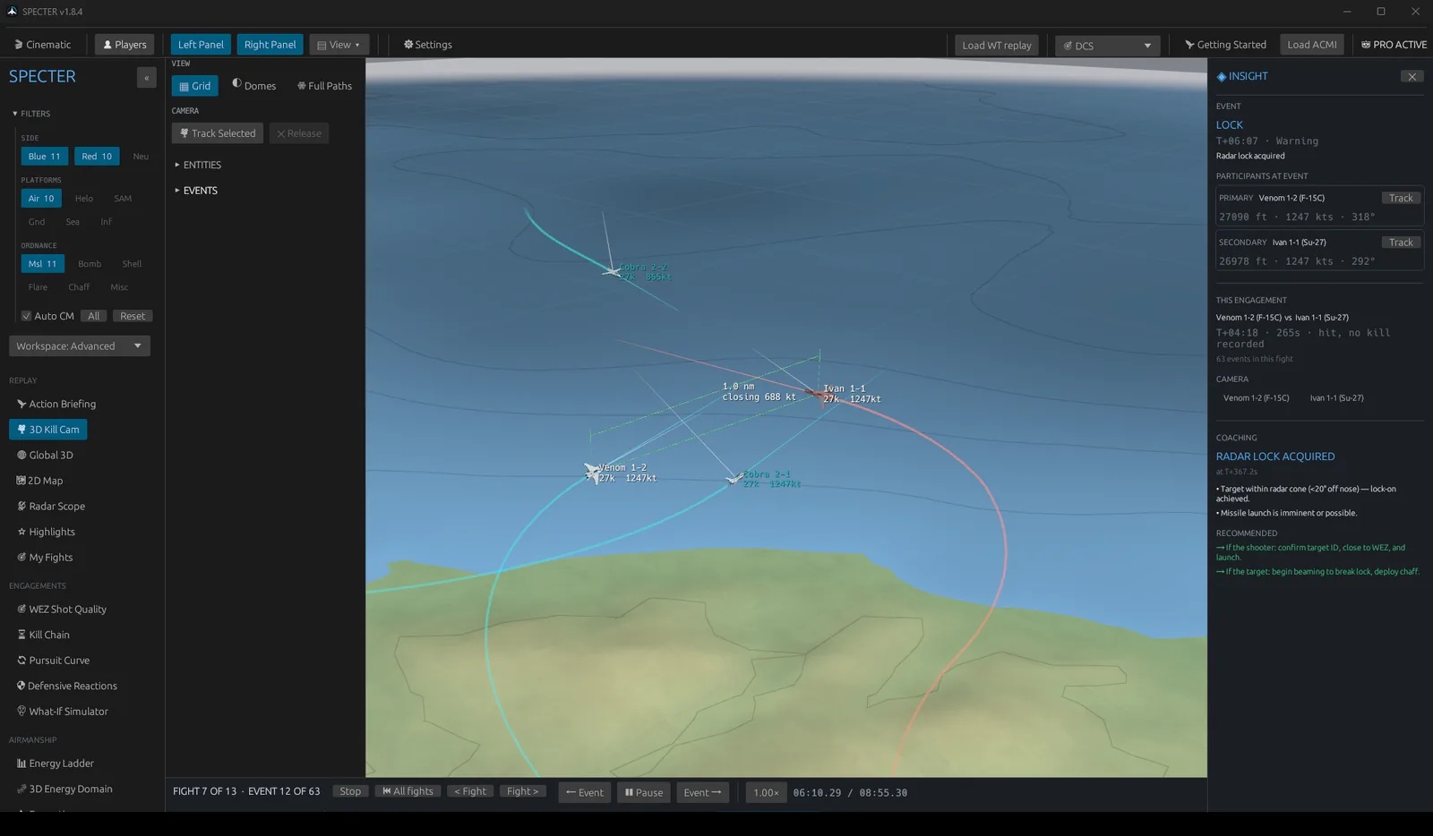 Specter's 3D Kill Cam showing an F-15C and Su-27 merging at 1.0 nm and 688 kt of closure, with two more contacts, energy-coloured trails, and coaching on the radar lock for both the shooter and the target.