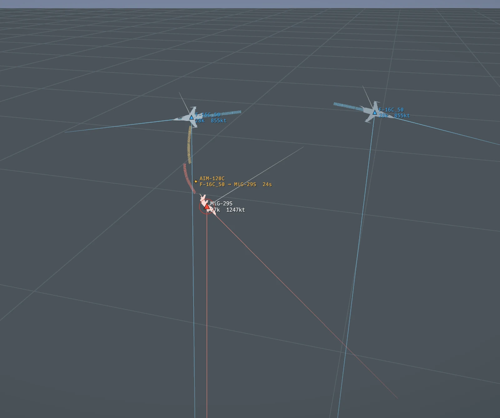 Specter's 3D Kill Cam showing an F-16C and MiG-29S in a two-circle merge, with an AIM-120C in flight and coaching notes on merge range and heading crossing angle.