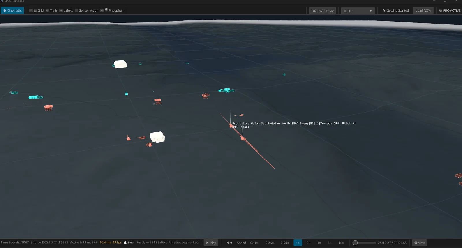 Specter's Phosphor view mode: fluorescent aircraft and ground vehicles glowing against near-black terrain, with an armoured column and a labelled Tornado GR4 in flight.
