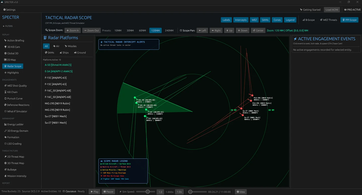 Specter's radar scope view showing contacts and threat rings.