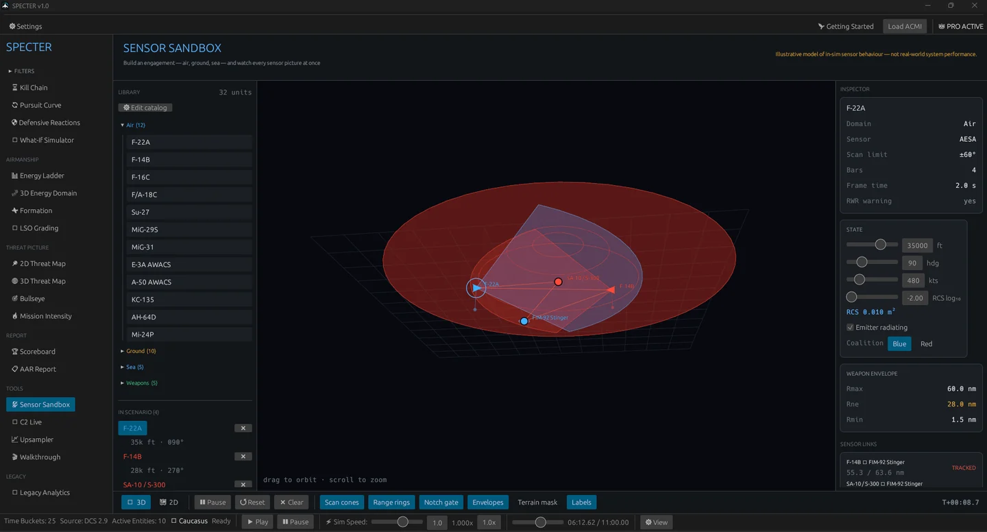 Specter's Sensor Sandbox with SAM coverage and detection volumes.