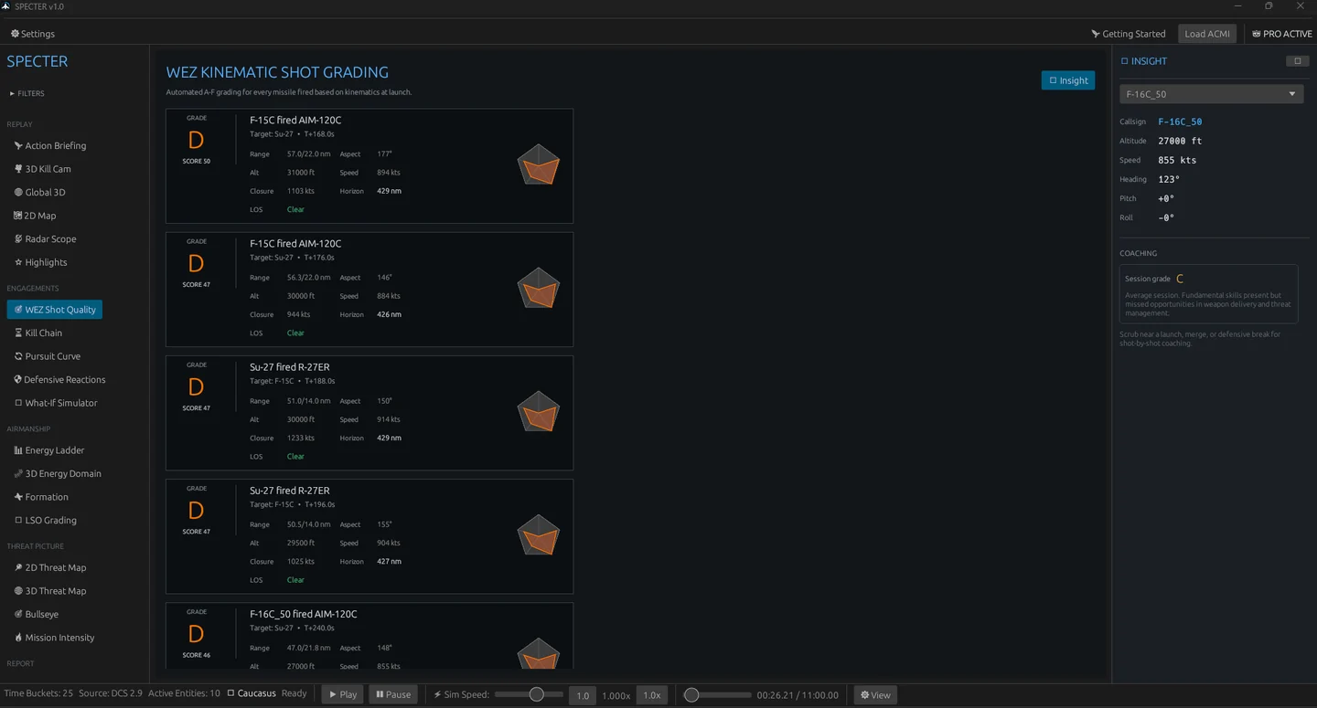 Specter's WEZ Shot Quality tab scoring each missile shot against its launch envelope.